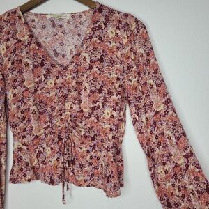 Rewind Floral Long Sleeve Cropped Top Ruched Front 70's